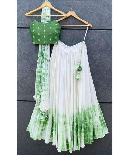Green Shibori Marble Dyed Lehenga with Raw Silk Hand Embroidered Blouse In Multi Colors ClothsVilla