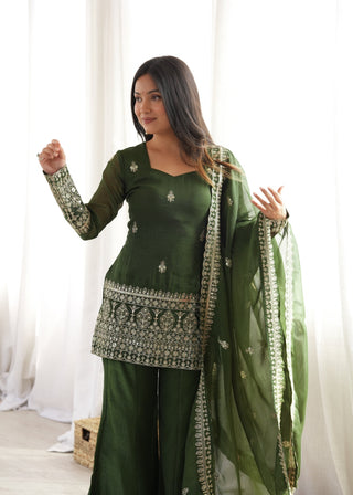 Green Silk Embroidered Kurta Bell Bottom Set ClothsVilla