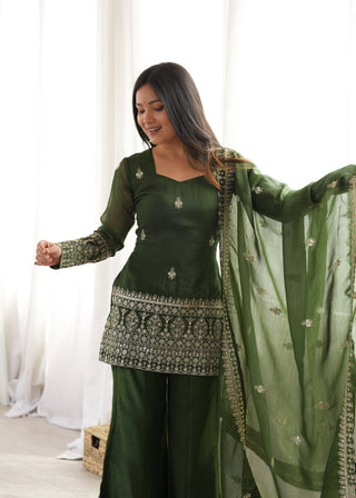 Green Silk Embroidered Kurta Bell Bottom Set ClothsVilla