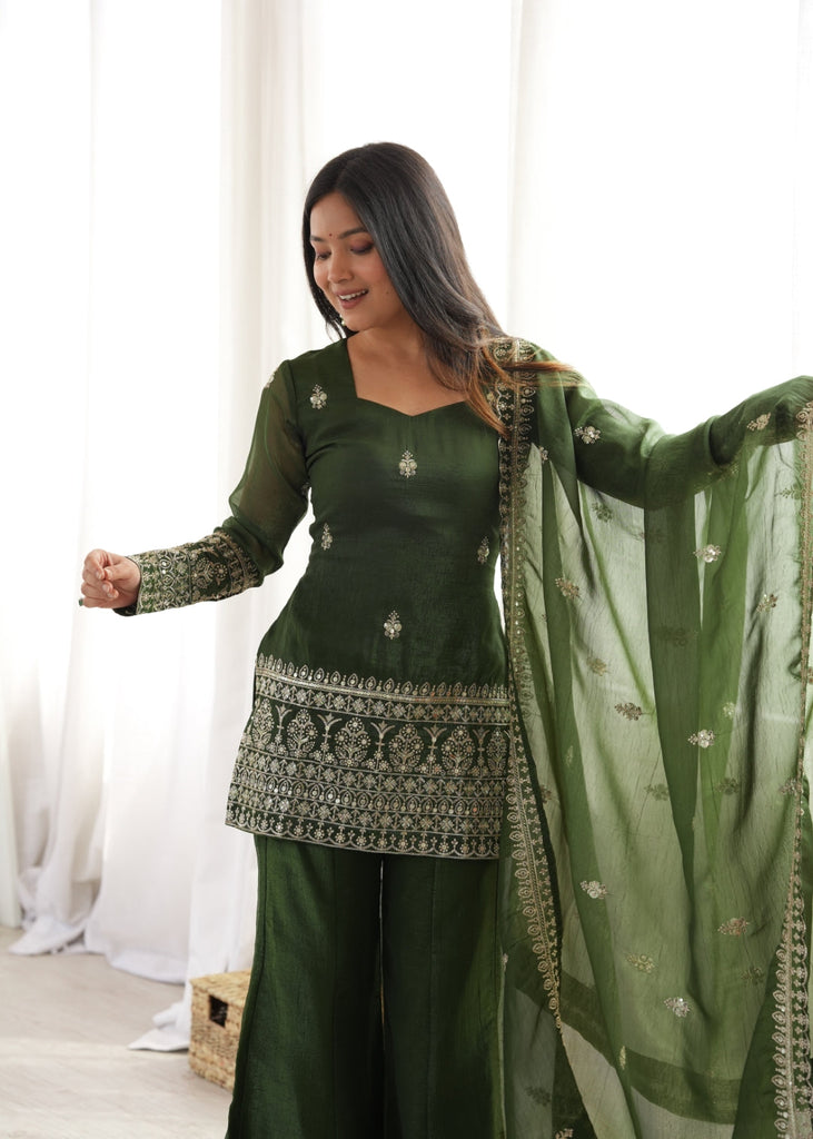 Green Silk Embroidered Kurta Bell Bottom Set ClothsVilla