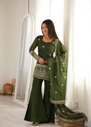 Green Silk Embroidered Kurta Bell Bottom Set ClothsVilla