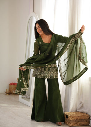 Green Silk Embroidered Kurta Bell Bottom Set ClothsVilla