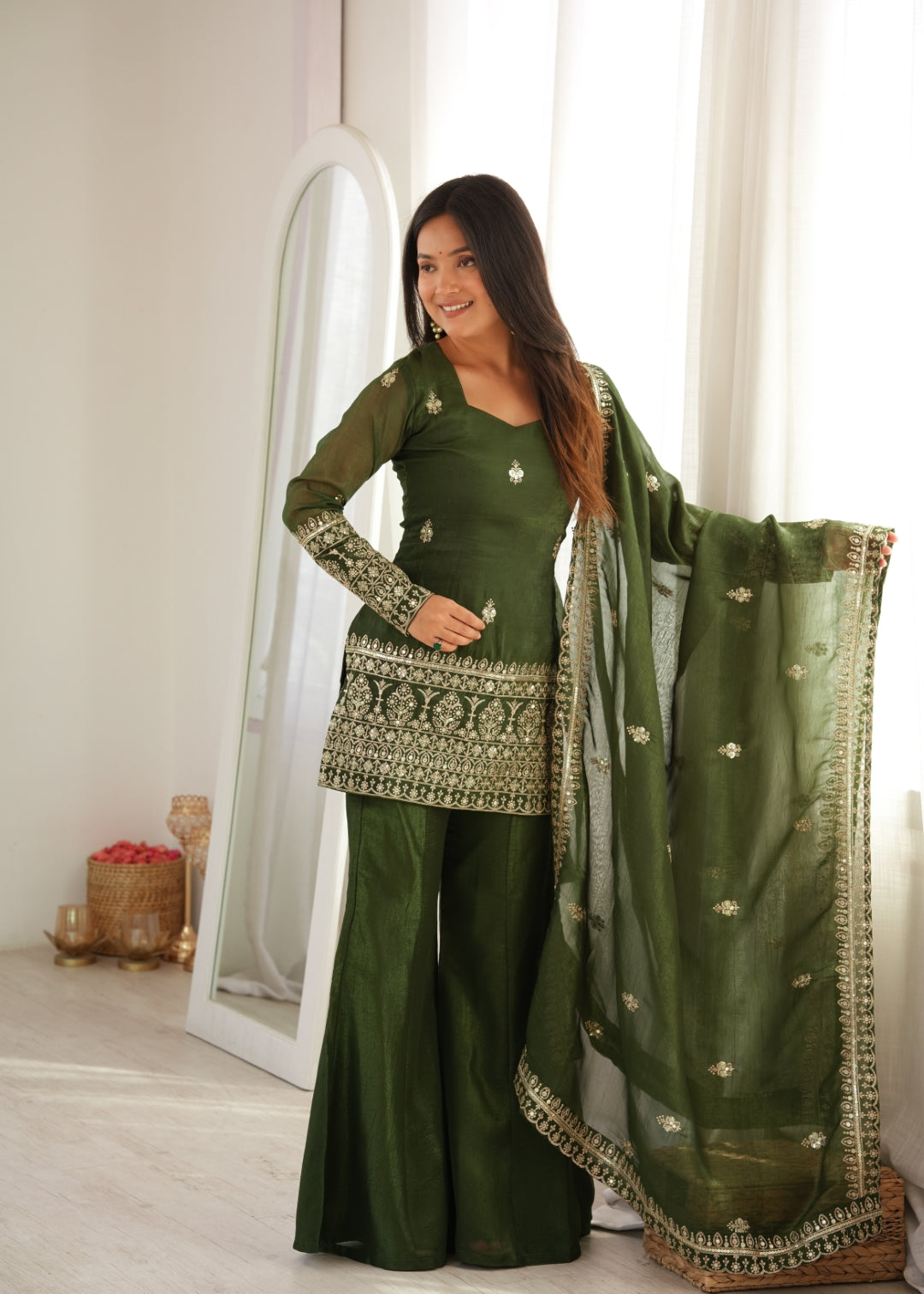 Green Silk Embroidered Kurta Bell Bottom Set ClothsVilla