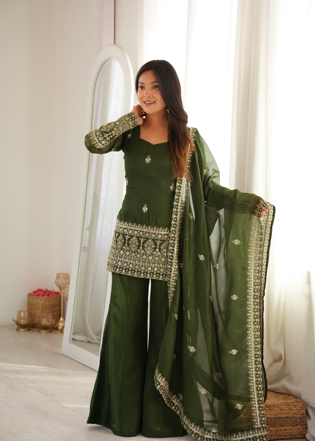 Green Silk Embroidered Kurta Bell Bottom Set ClothsVilla