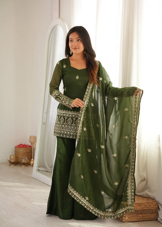 Green Silk Embroidered Kurta Bell Bottom Set ClothsVilla