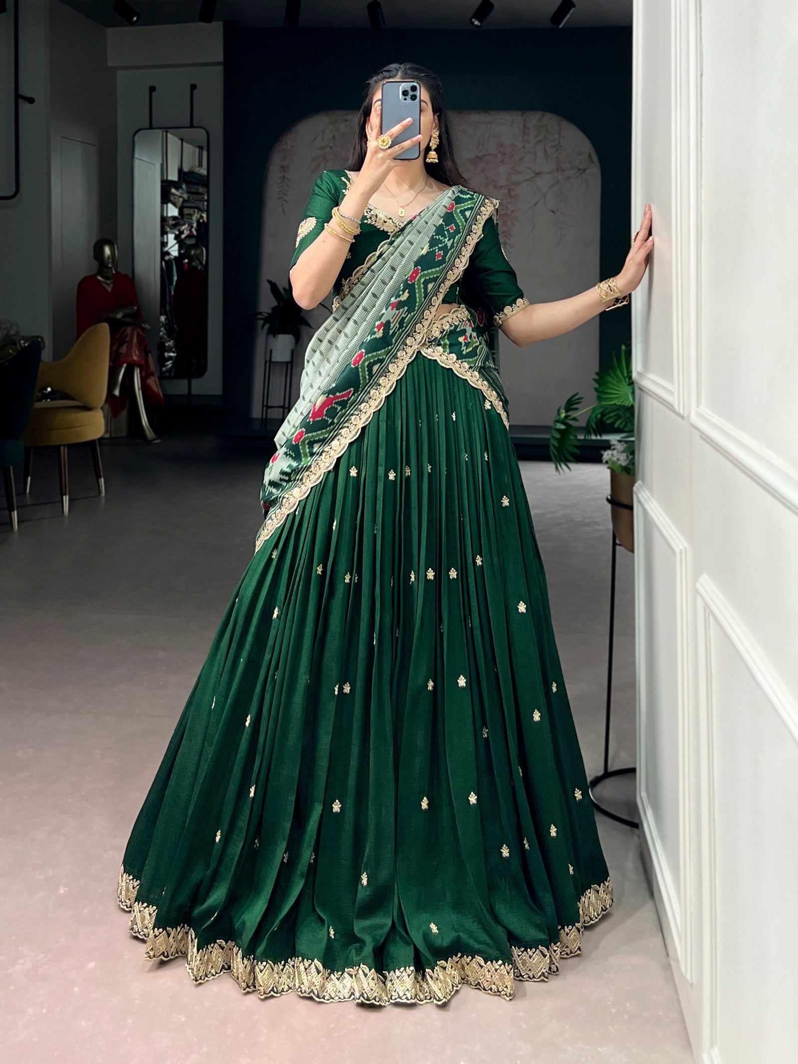 Green Silk Embroidered Lehenga Set ClothsVilla