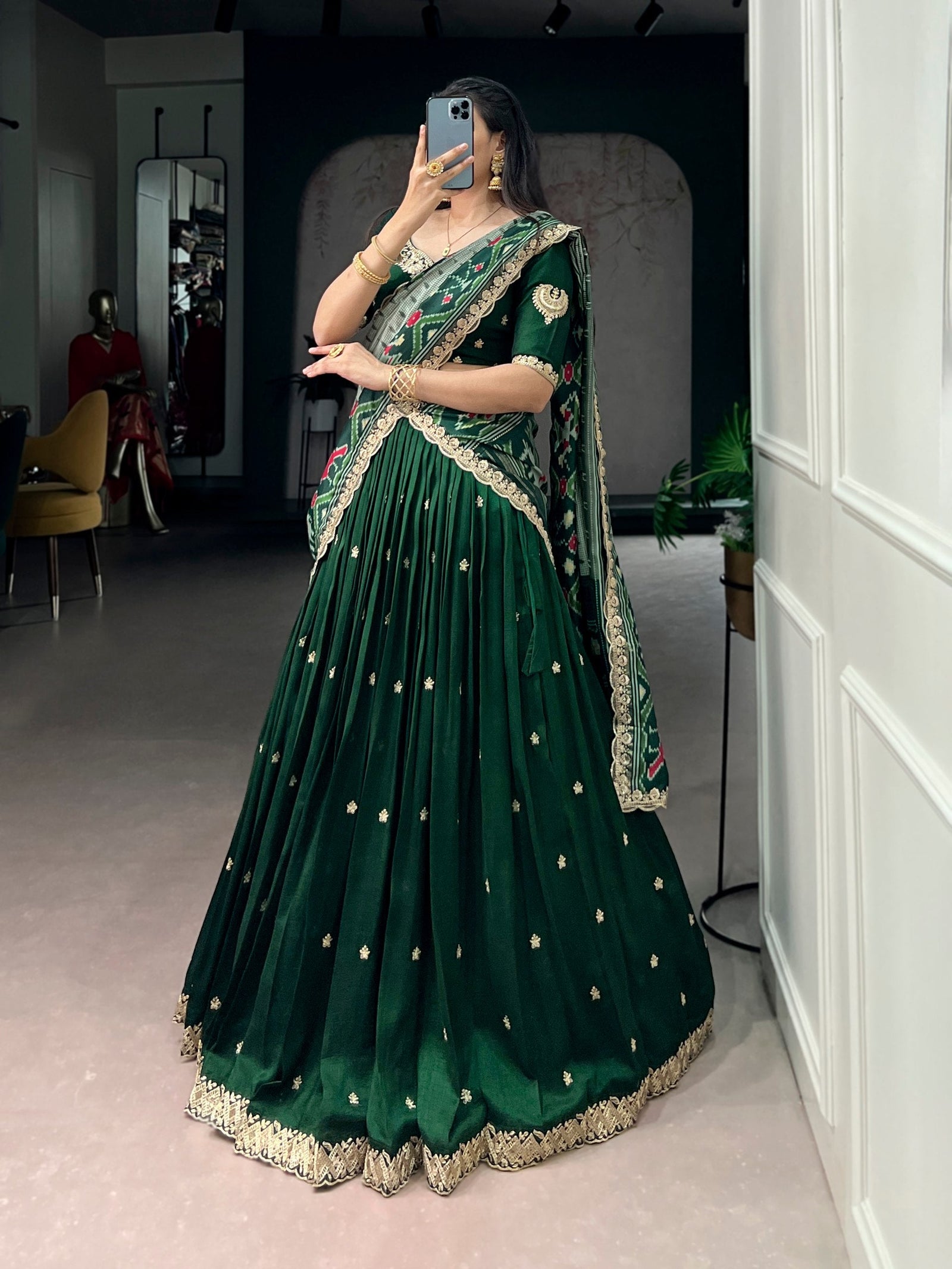 Green Silk Embroidered Lehenga Set ClothsVilla