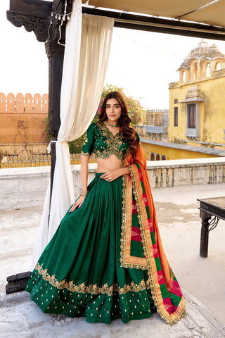 Green Silk Embroidered Lehenga Set ClothsVilla