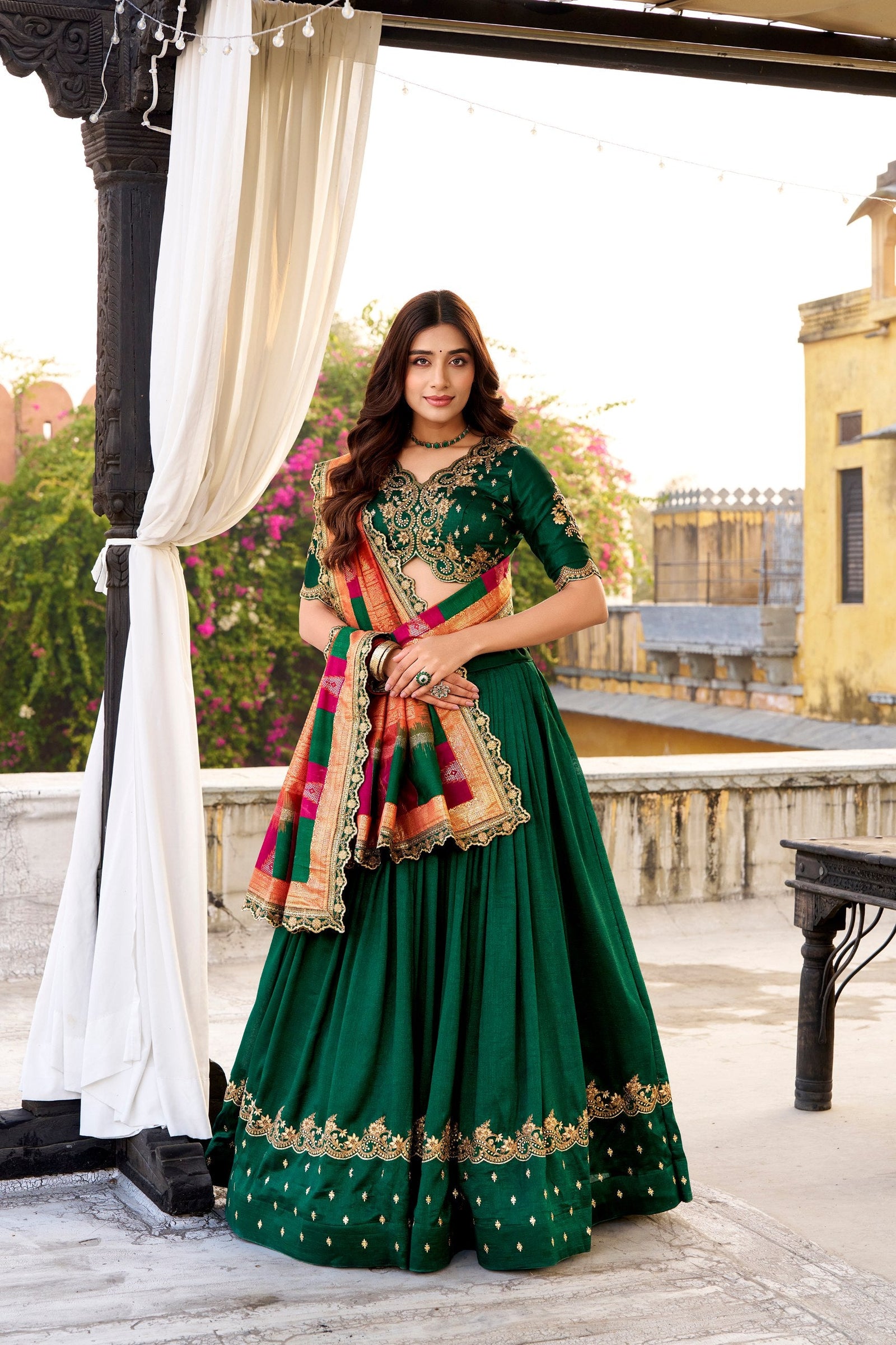 Green Silk Embroidered Lehenga Set ClothsVilla