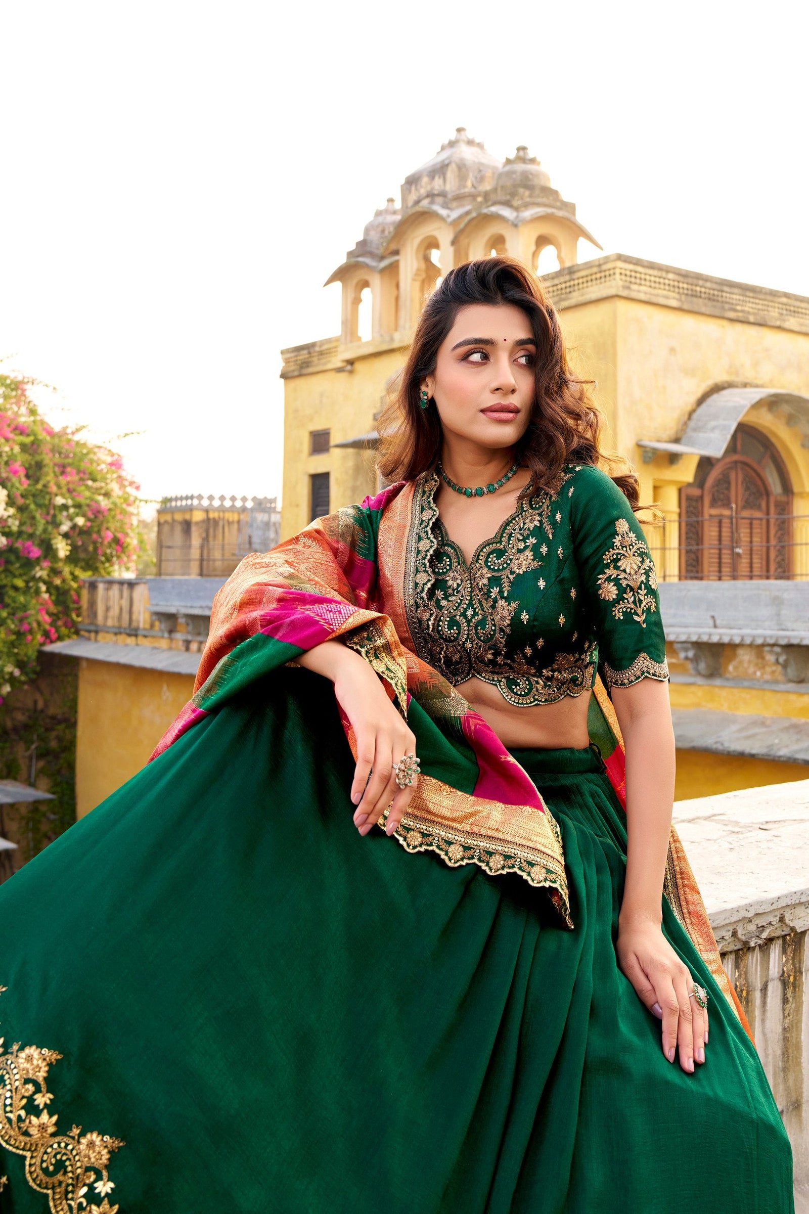 Green Silk Embroidered Lehenga Set ClothsVilla