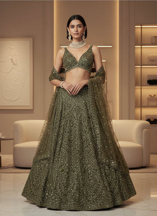 Green Silk Lehenga Set with Sequins & Thread Work ClothsVilla
