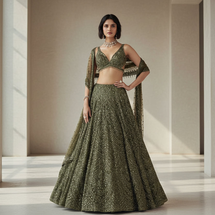 Green Silk Lehenga Set with Sequins & Thread Work ClothsVilla