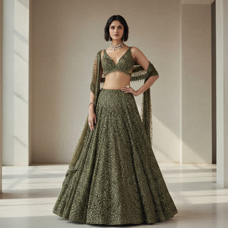Green Silk Lehenga Set with Sequins & Thread Work ClothsVilla