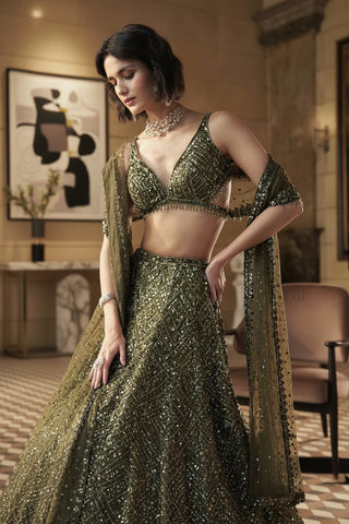 Green Silk Lehenga Set with Sequins & Thread Work ClothsVilla