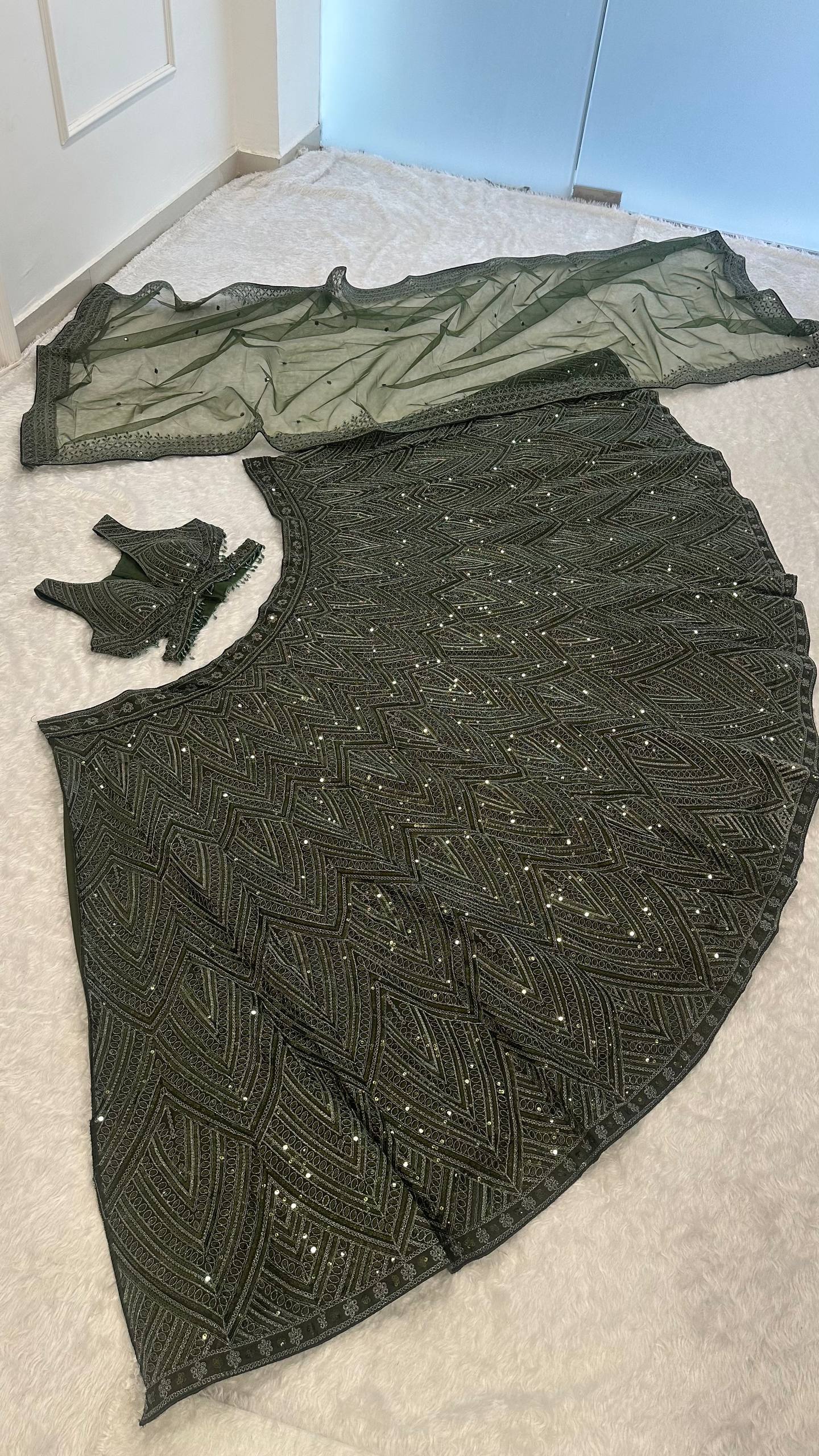 Green Silk Lehenga Set with Sequins & Thread Work ClothsVilla