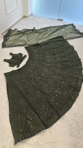 Green Silk Lehenga Set with Sequins & Thread Work ClothsVilla