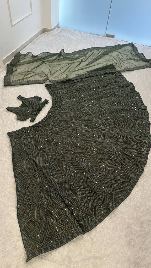 Green Silk Lehenga Set with Sequins & Thread Work ClothsVilla