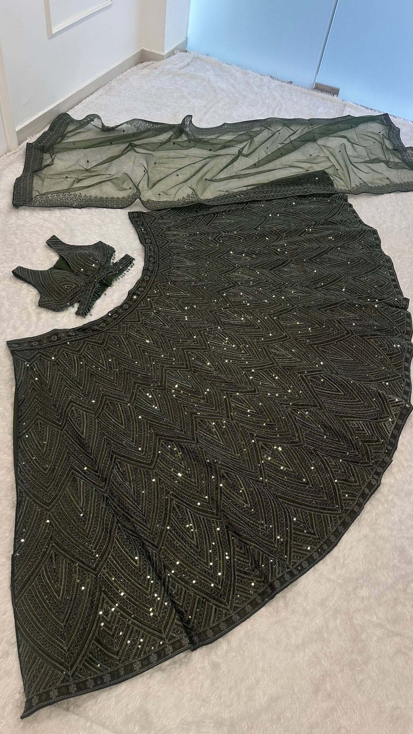 Green Silk Lehenga Set with Sequins & Thread Work ClothsVilla