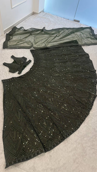 Green Silk Lehenga Set with Sequins & Thread Work ClothsVilla