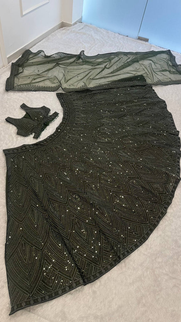 Green Silk Lehenga Set with Sequins & Thread Work ClothsVilla