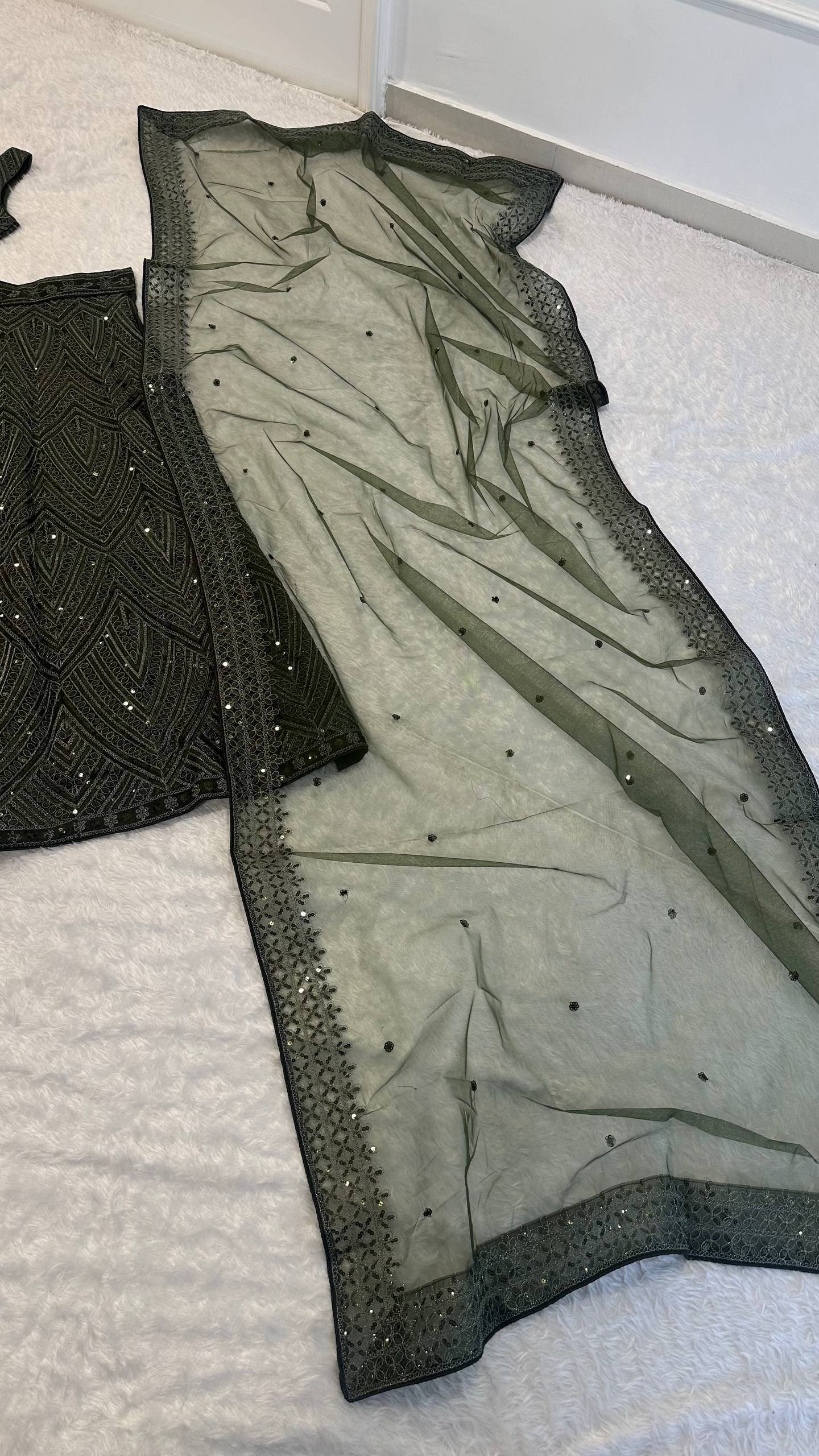 Green Silk Lehenga Set with Sequins & Thread Work ClothsVilla