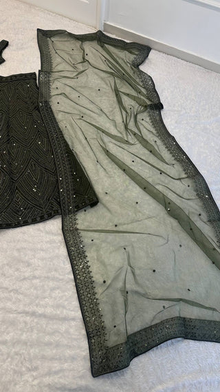 Green Silk Lehenga Set with Sequins & Thread Work ClothsVilla