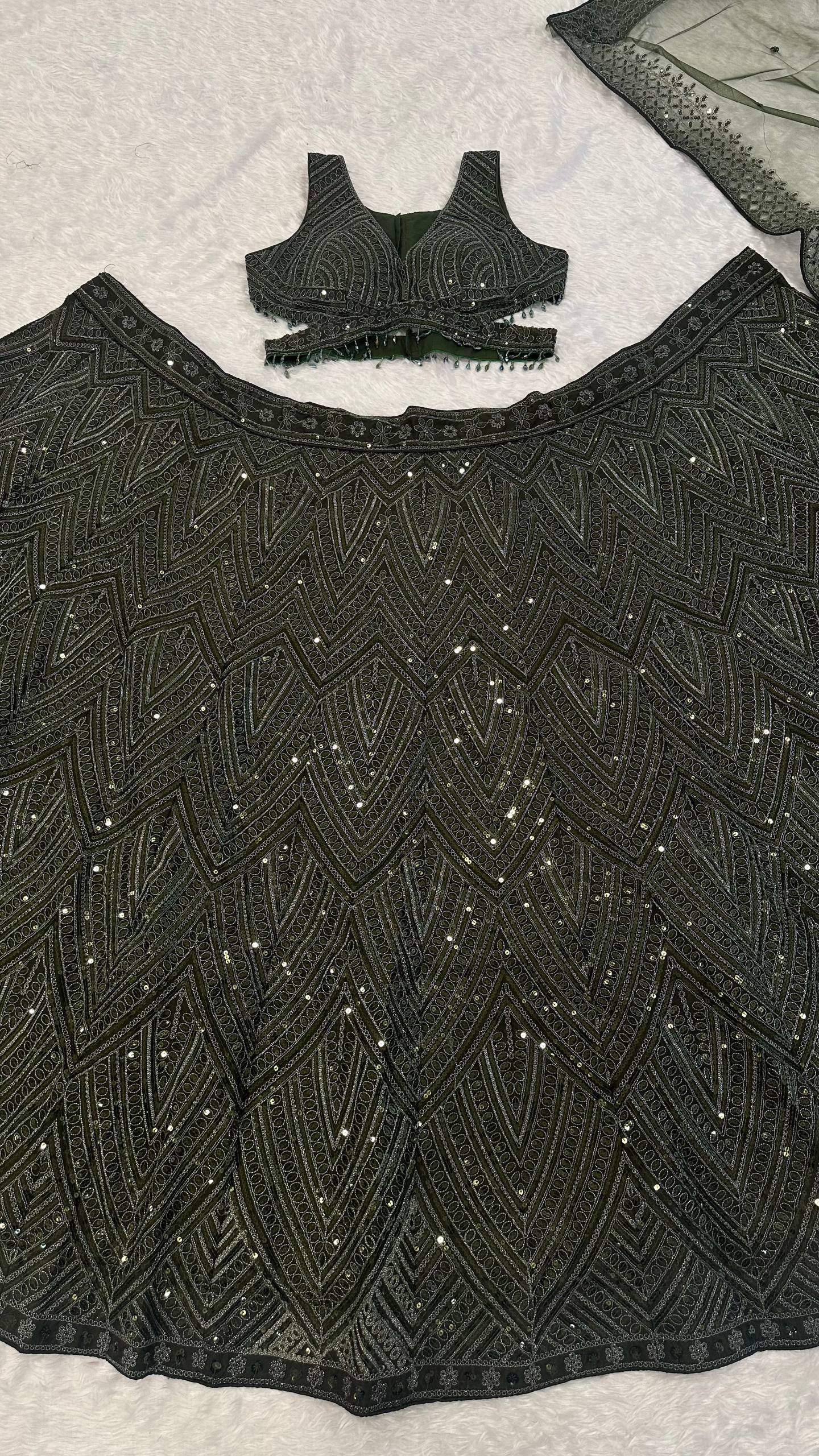 Green Silk Lehenga Set with Sequins & Thread Work ClothsVilla