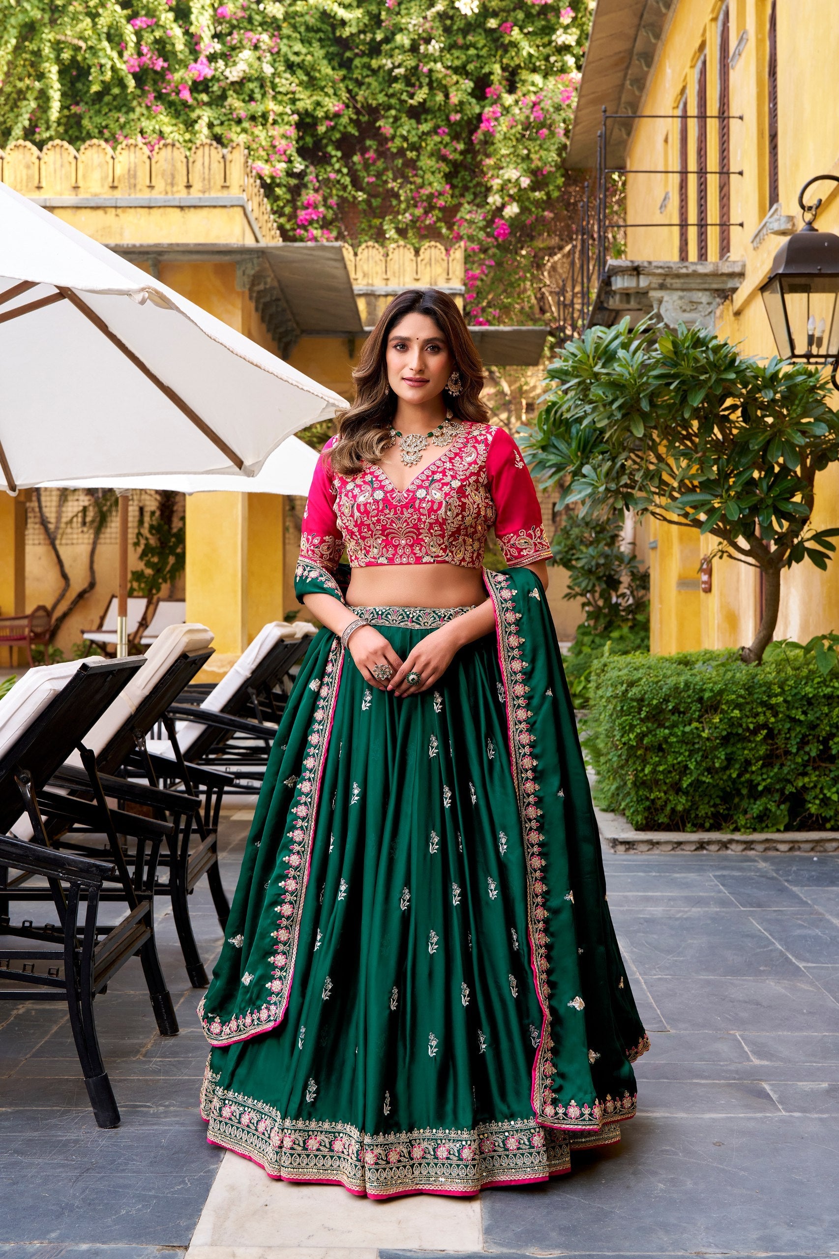 Green Silk Satin Embroidered Lehenga Choli Set Secondary image