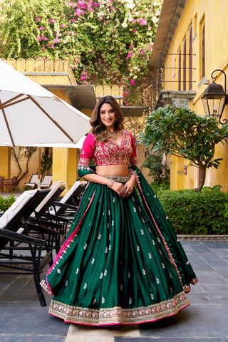 Green Silk Satin Embroidered Lehenga Choli Set ClothsVilla