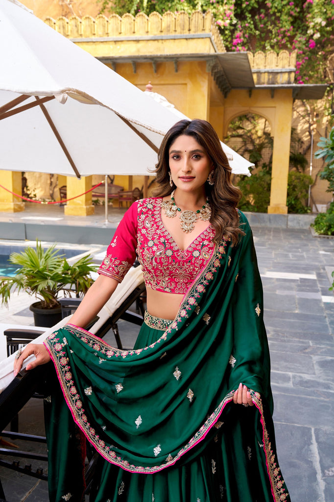 Green Silk Satin Embroidered Lehenga Choli Set ClothsVilla