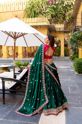 Green Silk Satin Embroidered Lehenga Choli Set ClothsVilla