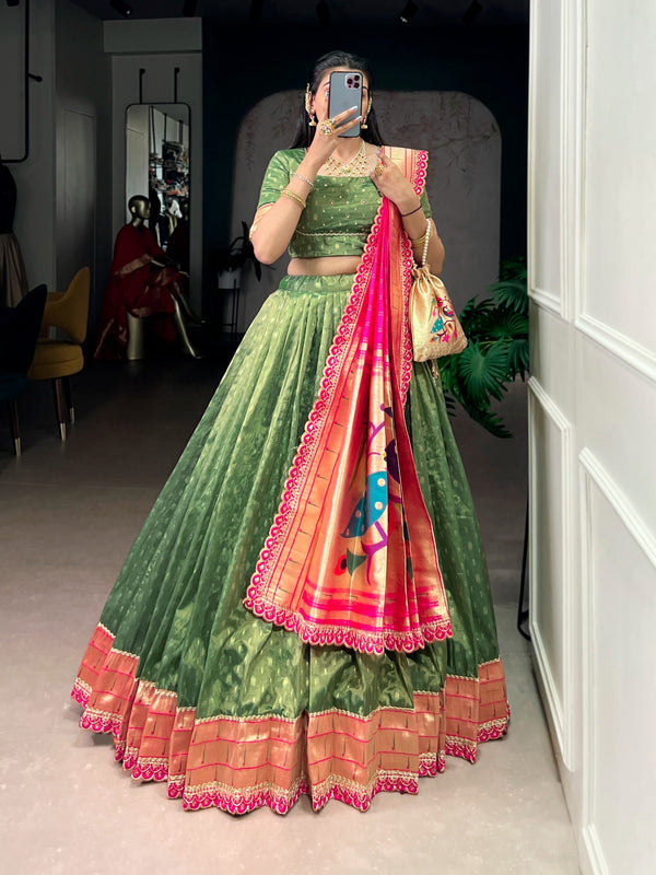 Green Simmer Lehenga with Paithani Dupatta & Batwa ClothsVilla