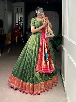 Green Simmer Lehenga with Paithani Dupatta & Batwa ClothsVilla
