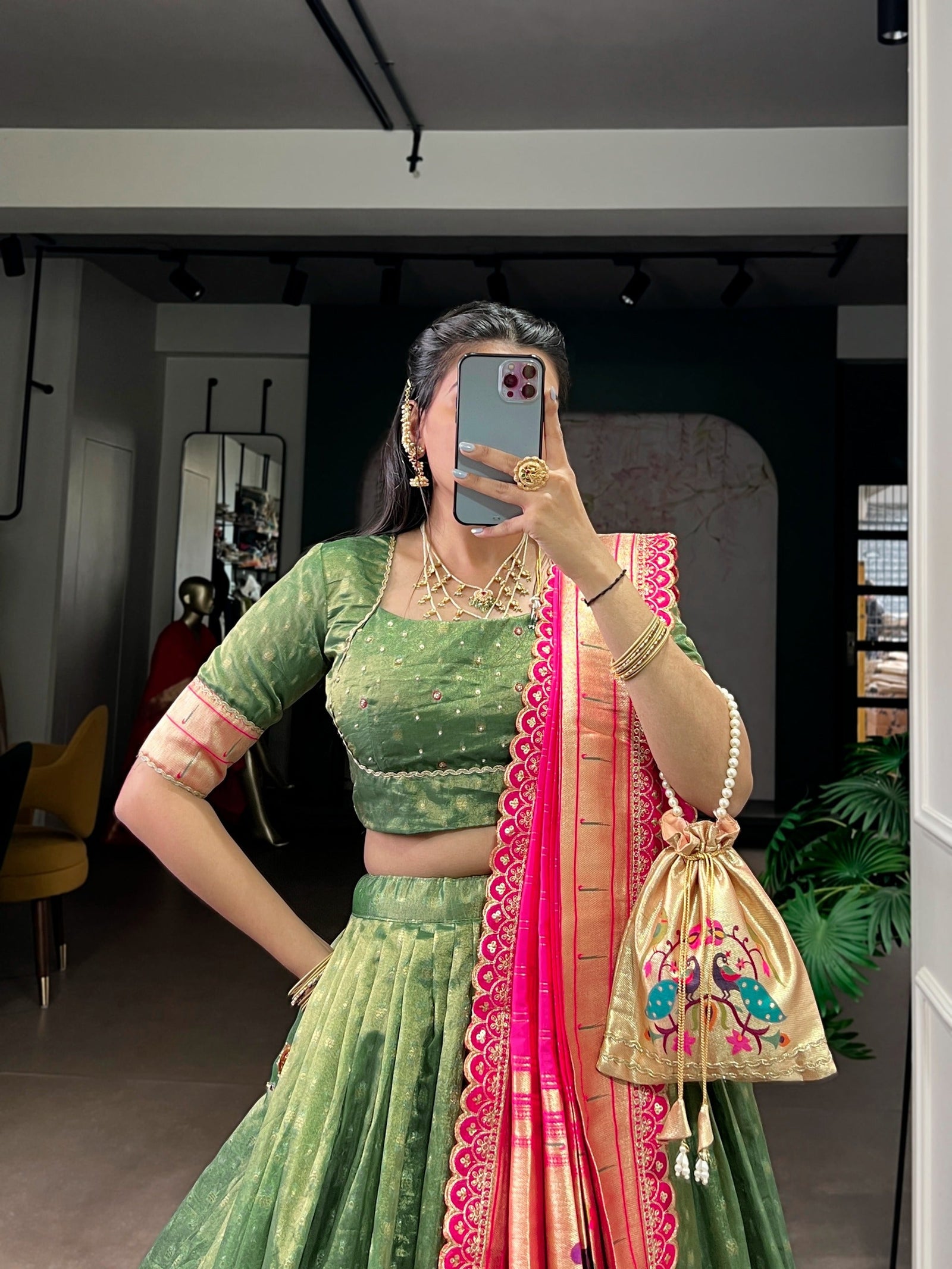 Green Simmer Lehenga with Paithani Dupatta & Batwa ClothsVilla