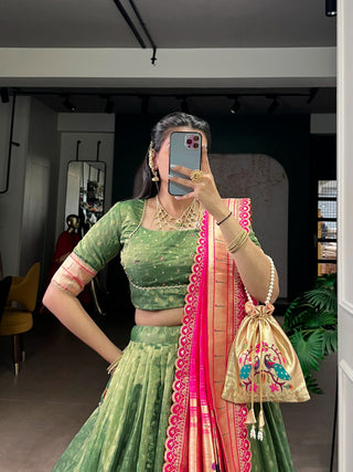 Green Simmer Lehenga with Paithani Dupatta & Batwa ClothsVilla