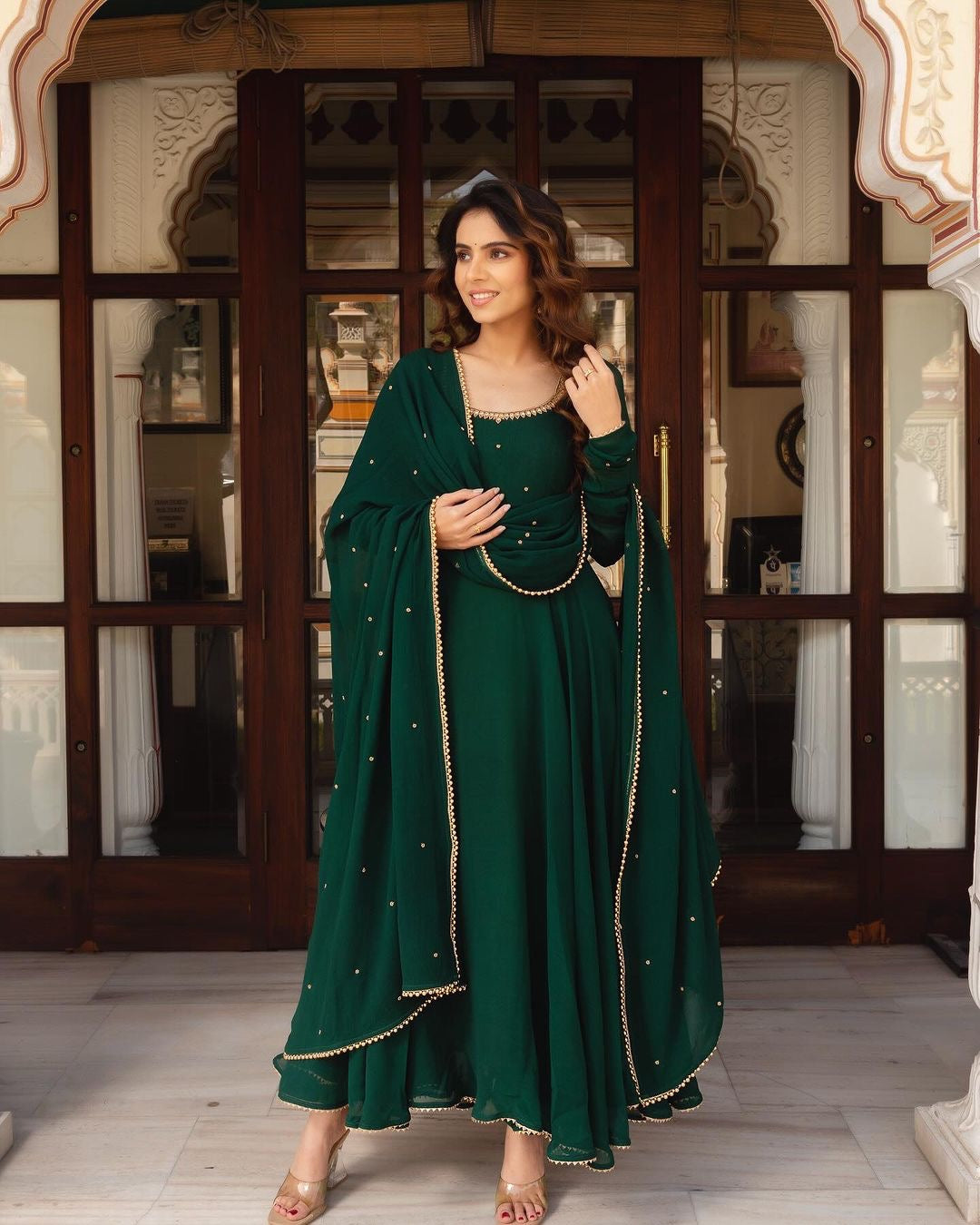 Green Soft Georgette Anarkali Suit ClothsVilla.com