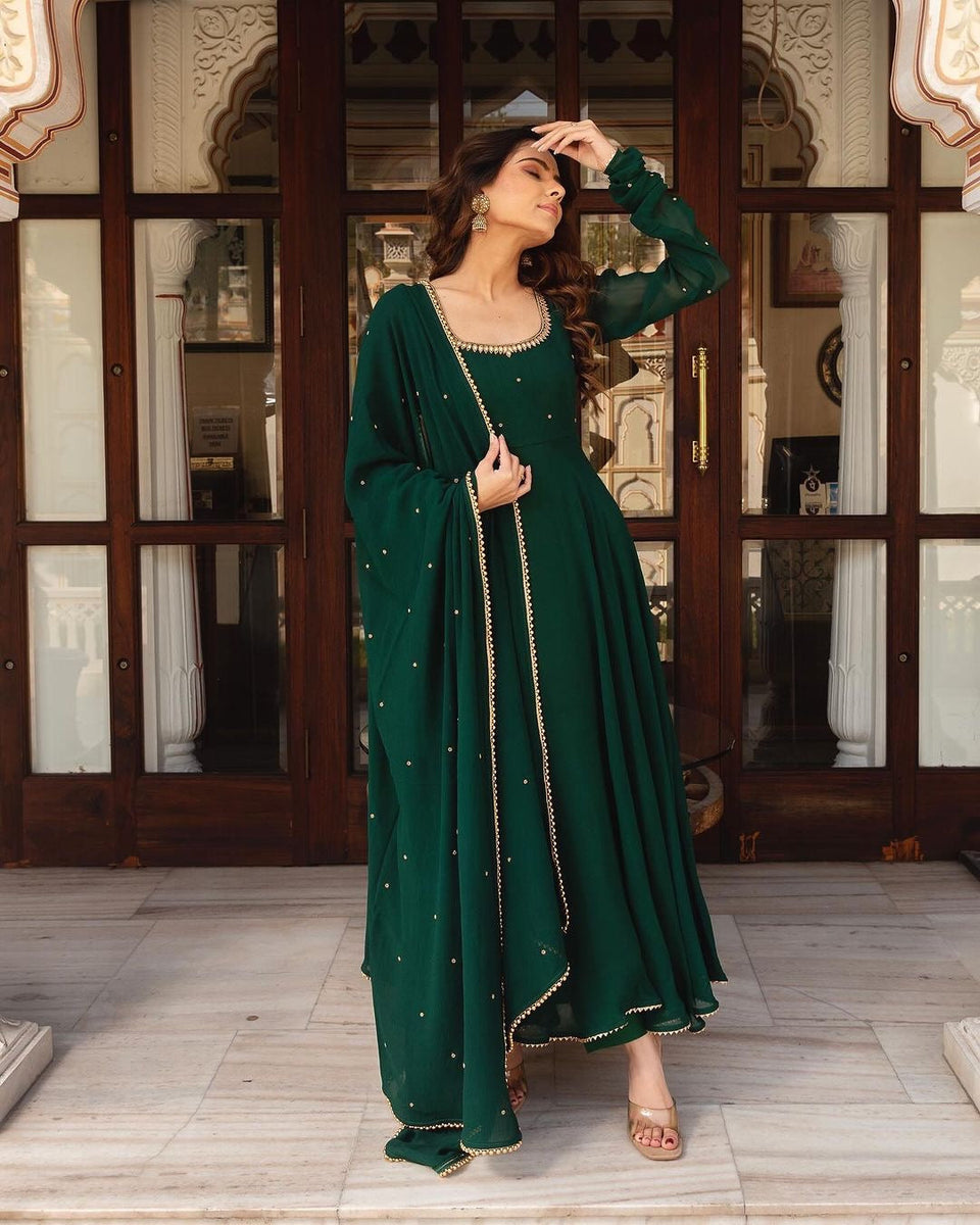 green colour anarkali dress Red Party Wear Pur Vichitra Silk Gown with Colour:Rose red GOLDEN LONG DRESS WITH Embroidery Color Fabric_Solid