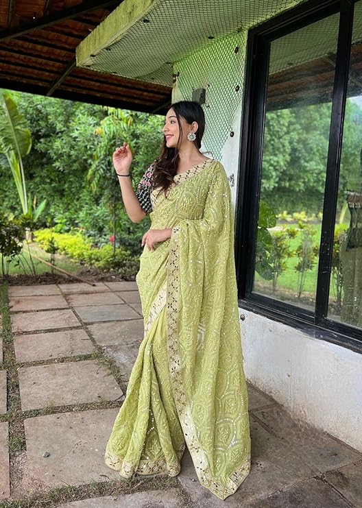 Green Soft Georgette Chikankari Saree with Sequins & Mirror Work ClothsVilla Main image