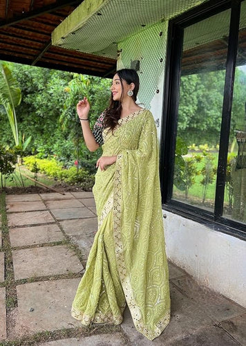 Green Soft Georgette Chikankari Saree with Sequins & Mirror Work ClothsVilla