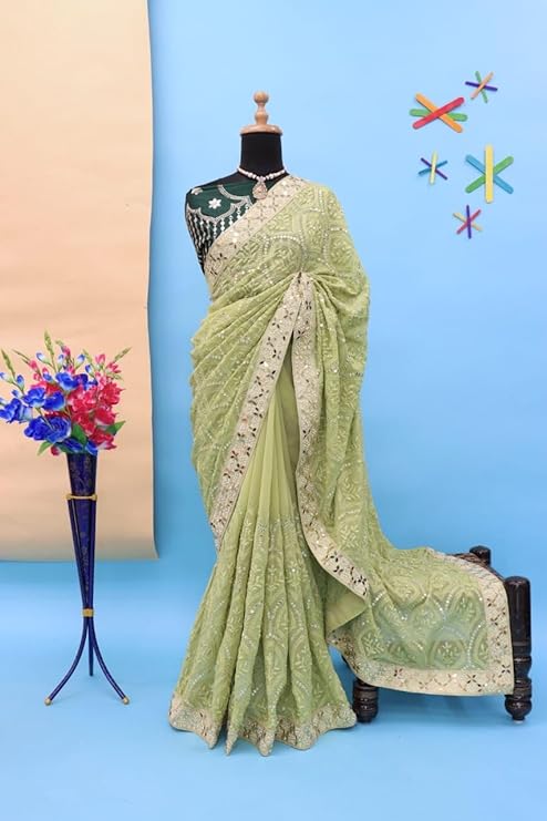 Green Soft Georgette Chikankari Saree with Sequins & Mirror Work ClothsVilla