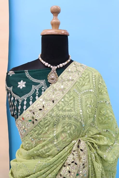 Green Soft Georgette Chikankari Saree with Sequins & Mirror Work ClothsVilla