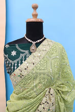 Load image into Gallery viewer, Green Soft Georgette Chikankari Saree with Sequins &amp; Mirror Work ClothsVilla