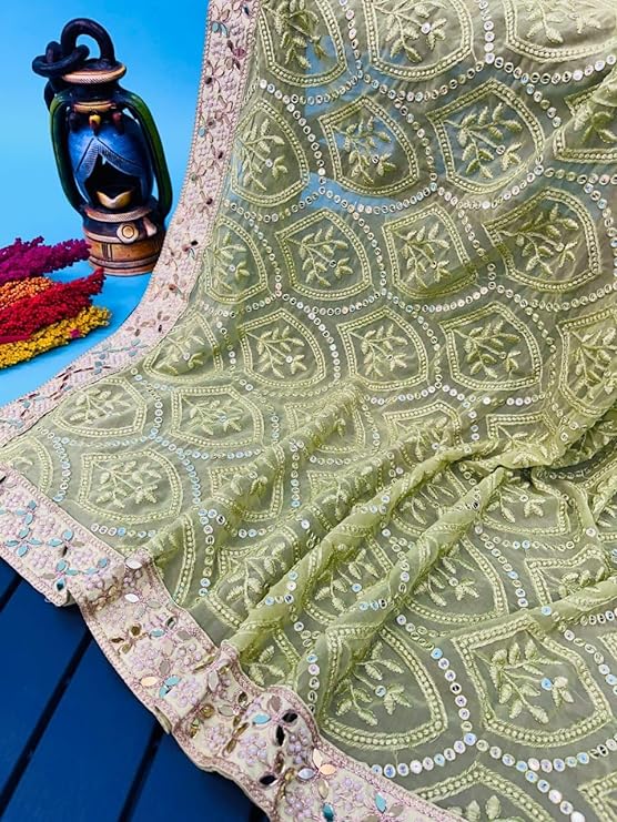 Green Soft Georgette Chikankari Saree with Sequins & Mirror Work ClothsVilla