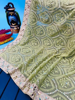 Green Soft Georgette Chikankari Saree with Sequins & Mirror Work ClothsVilla