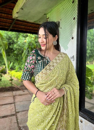 Green Soft Georgette Chikankari Saree with Sequins & Mirror Work ClothsVilla