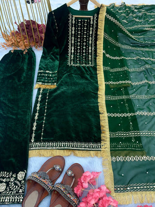 Green Stunning New Velvet Embroidery Ensemble with Dupatta - Perfect for Festive & Party Wear Clothsvilla