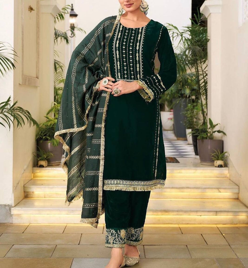 Green Stunning New Velvet Embroidery Ensemble with Dupatta - Perfect for Festive & Party Wear Clothsvilla