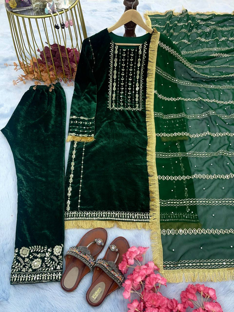 Green Stunning New Velvet Embroidery Ensemble with Dupatta - Perfect for Festive & Party Wear Clothsvilla