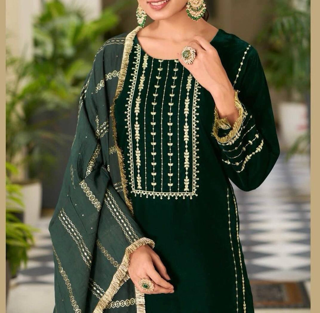 Green Stunning New Velvet Embroidery Ensemble with Dupatta - Perfect for Festive & Party Wear Clothsvilla