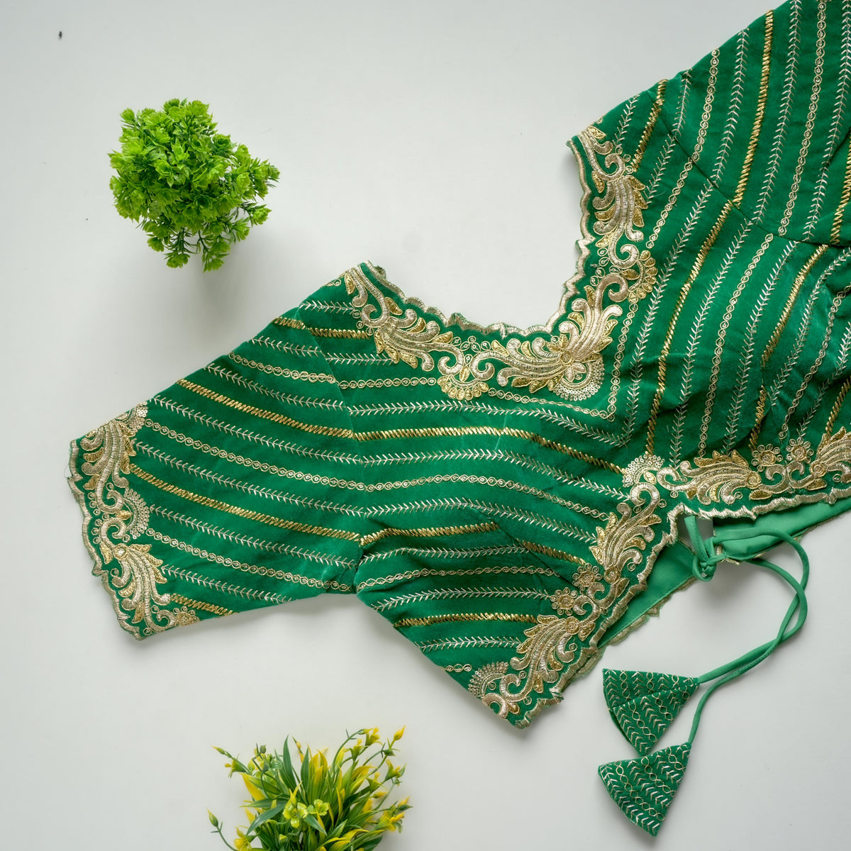 Green Taffeta Silk Blouse with Golden Embroidery and Sequins ClothsVilla.com Main image